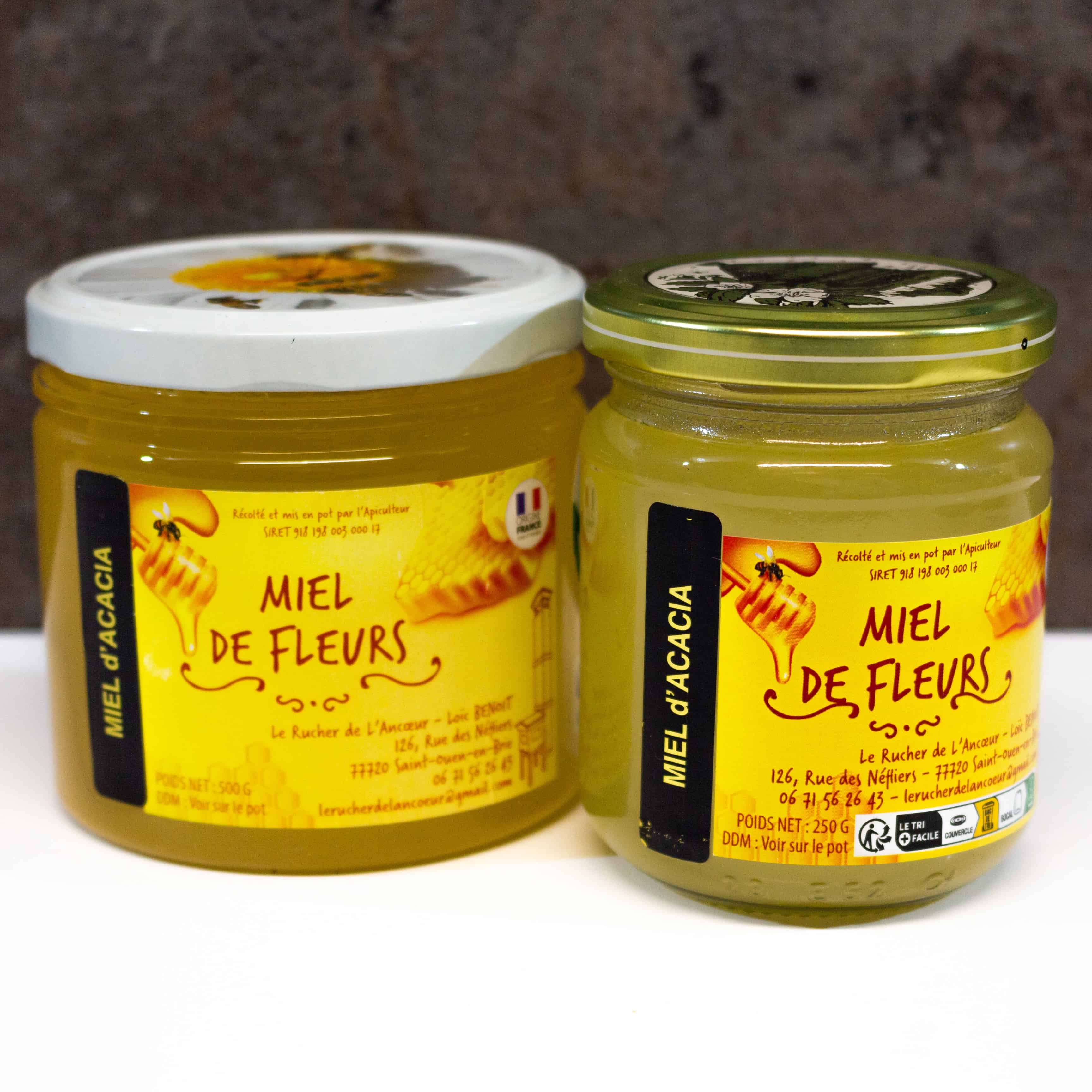 Gamme miel de fleurs acacia, pots 500g et 250g