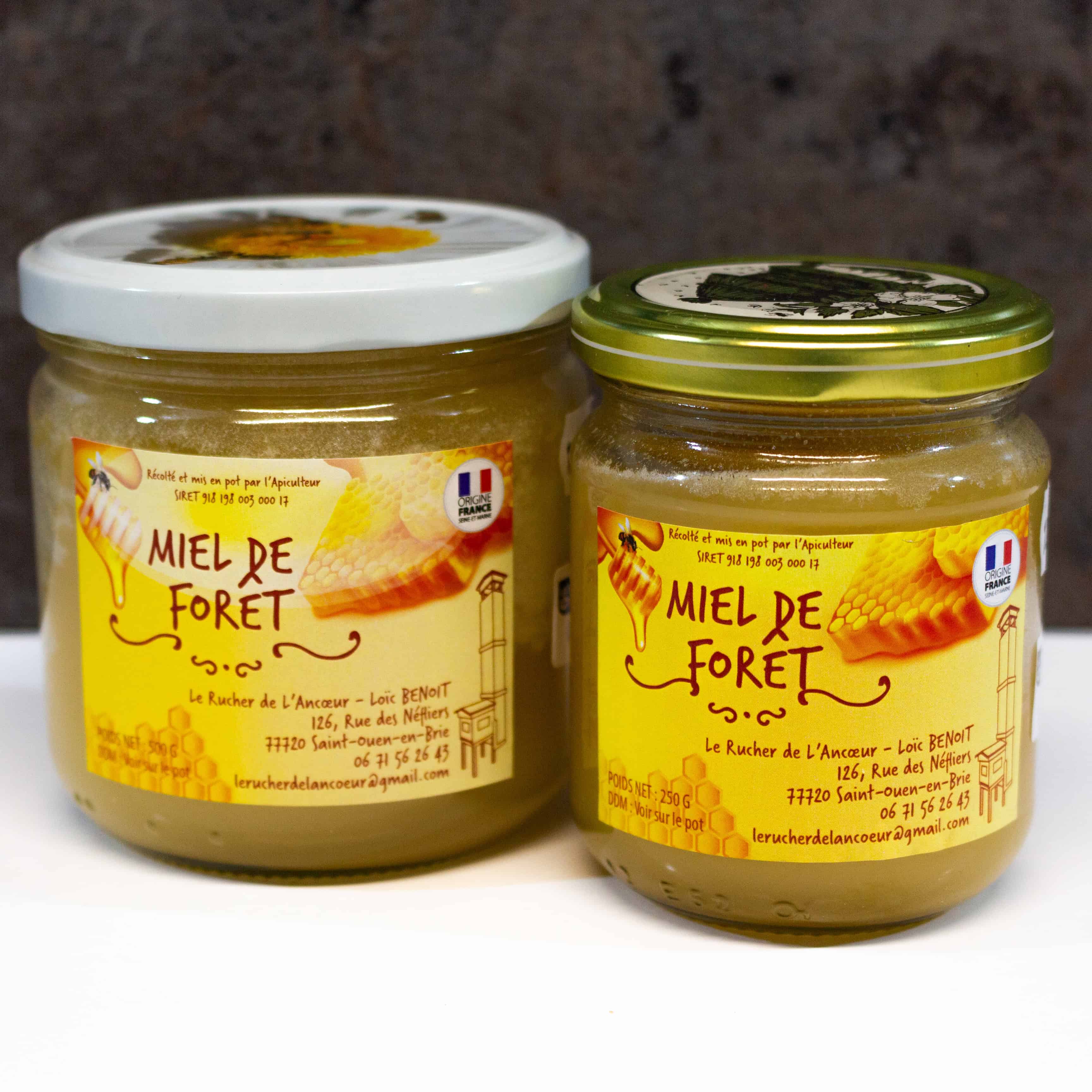 Gamme miel de forêt, pots 500g et 250g
