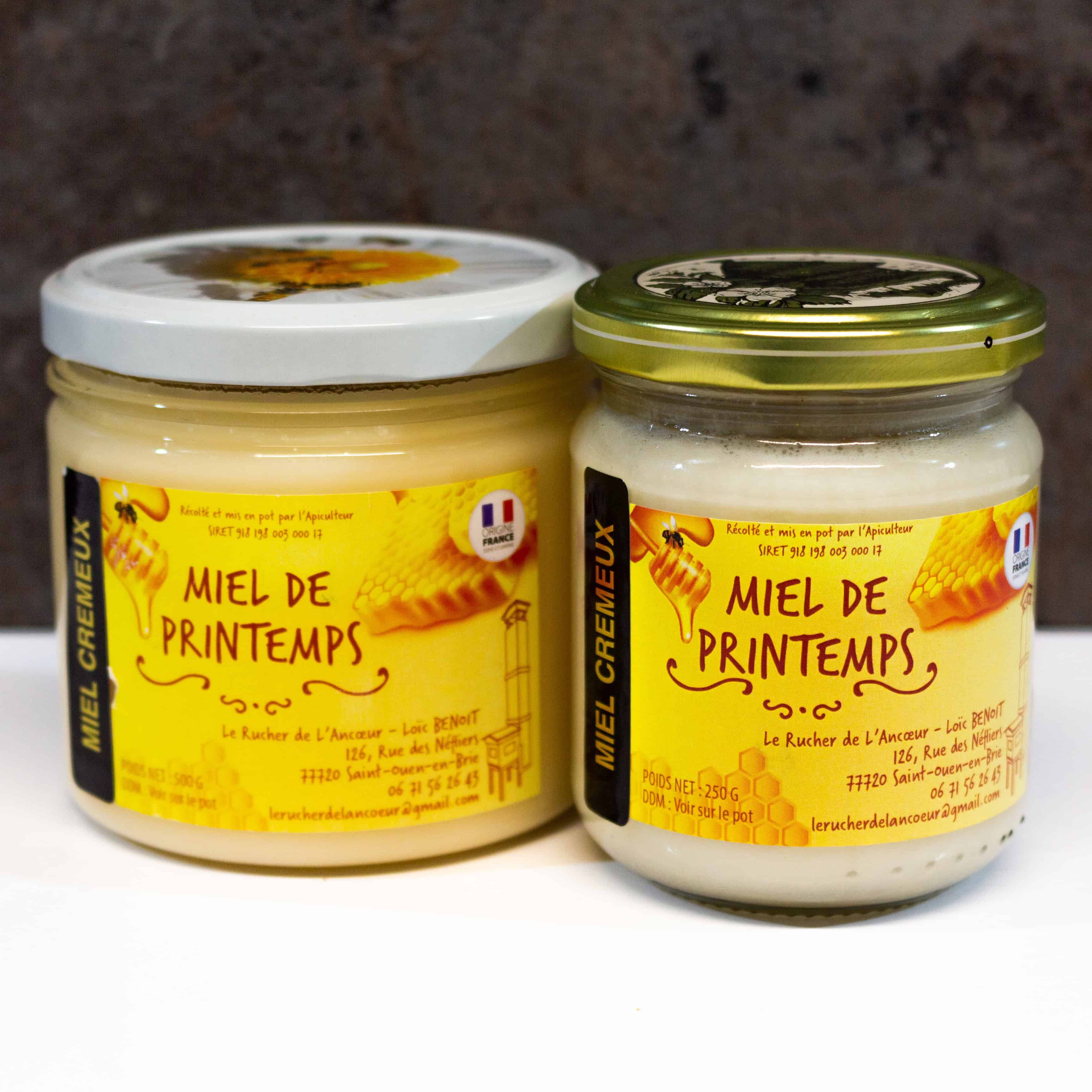 Gamme miel de printemps crémeux, pots 500g et 250g